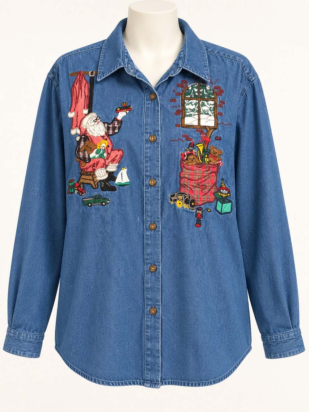 Karen Scott Christmas Denim Shirt Womens XL Santa Toys Embroidered Button Up VTG